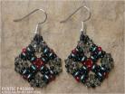 Diamond Shaped Beaded and Crystal Earrings-Dark Green Red and Black