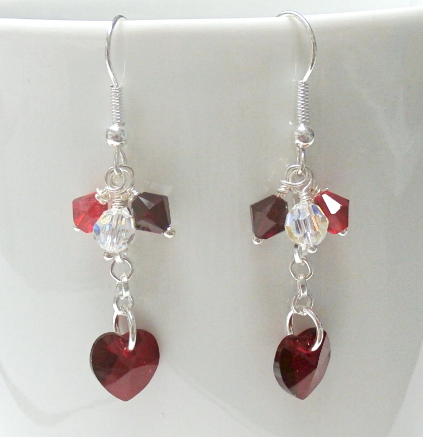 Red Crystal Heart Dangle Earrings - Rustic Passion